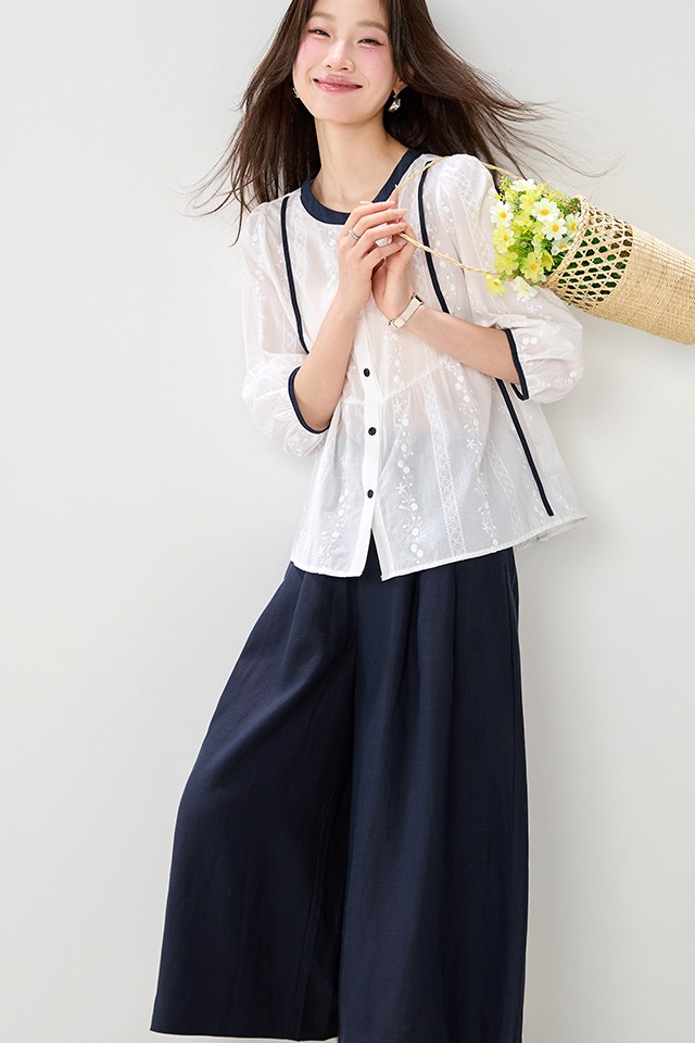 實拍撞色刺繡圓領襯衫女2026夏裝新款休閑寬松復古純棉上衣