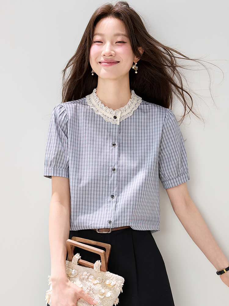實9077花邊領格子短袖襯衫女2026夏裝新款文藝蕾絲拼接氛圍感小衫