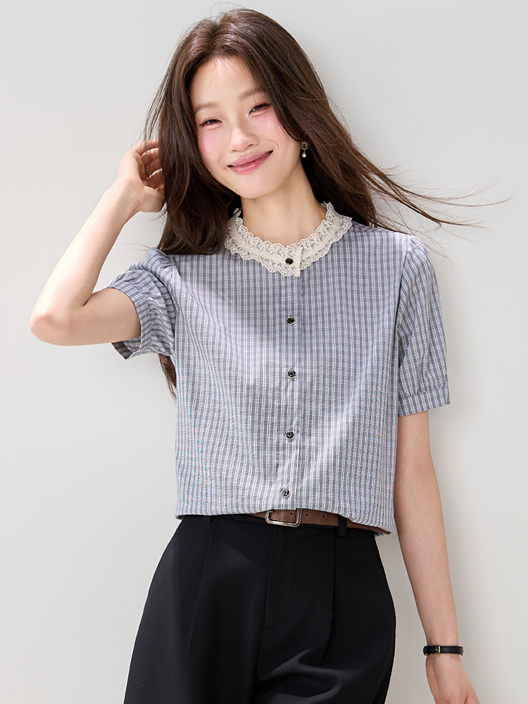 實9077花邊領格子短袖襯衫女2026夏裝新款文藝蕾絲拼接氛圍感小衫