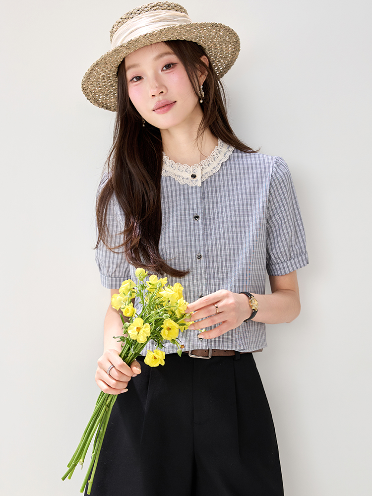實9077花邊領格子短袖襯衫女2026夏裝新款文藝蕾絲拼接氛圍感小衫