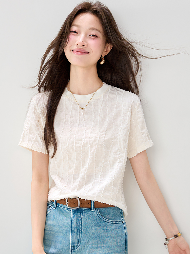 實拍法式肌理感花紋短袖T桖女2026夏裝氣質套頭百搭上衣小衫