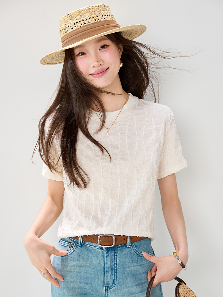 實拍法式肌理感花紋短袖T桖女2026夏裝氣質套頭百搭上衣小衫
