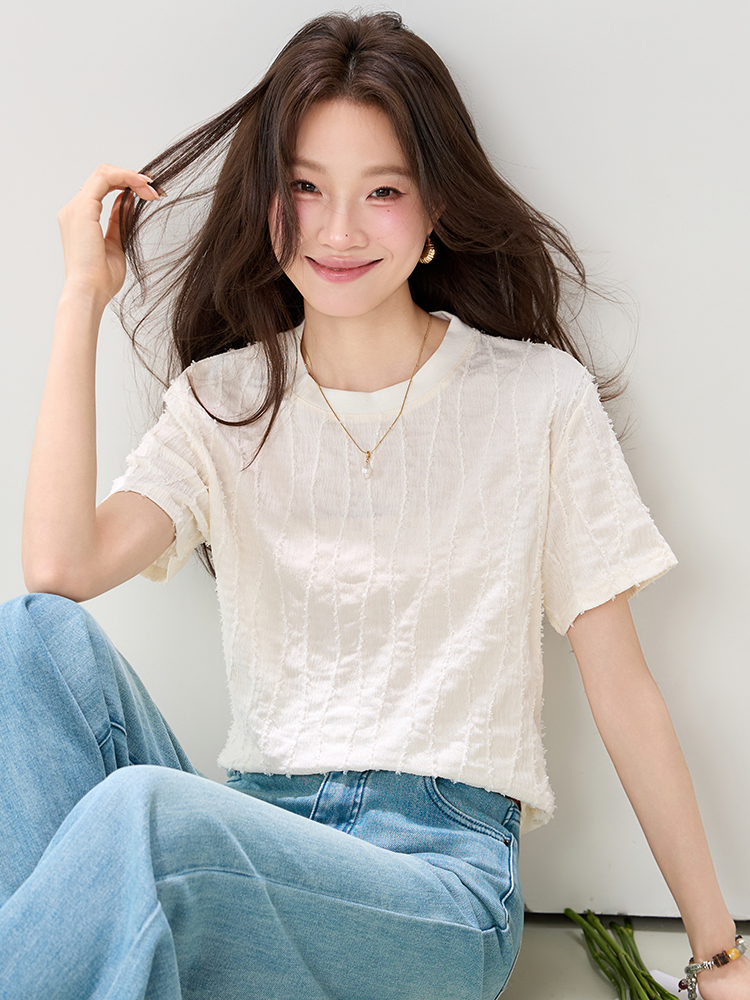實拍法式肌理感花紋短袖T桖女2026夏裝氣質套頭百搭上衣小衫