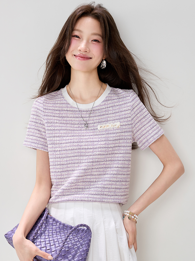 實拍小香風圓領短袖T桖女2026夏季新款細閃銀絲花紗正肩T桖