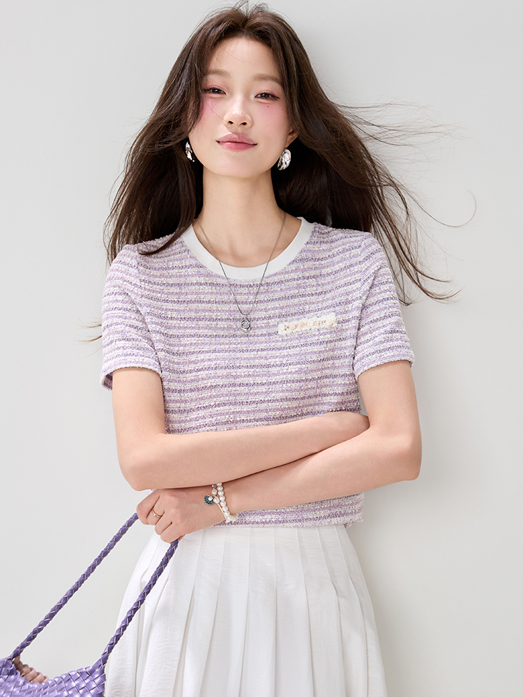實拍小香風圓領短袖T桖女2026夏季新款細閃銀絲花紗正肩T桖