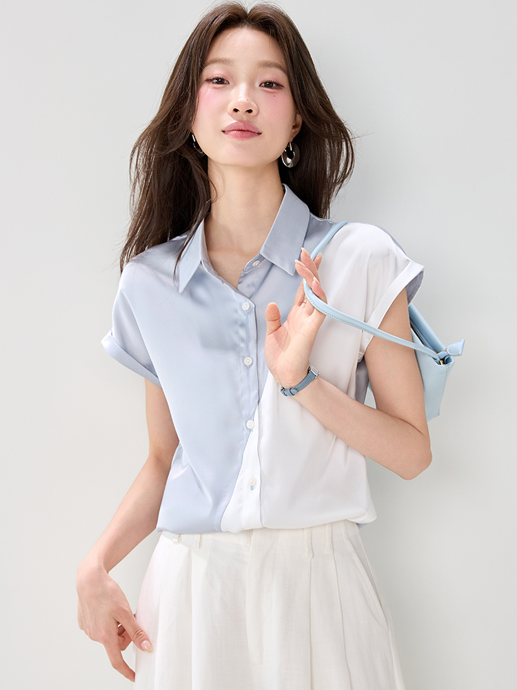 實拍2026年夏季高級感氣質拼接撞色緞面時尚通勤襯衫上衣女