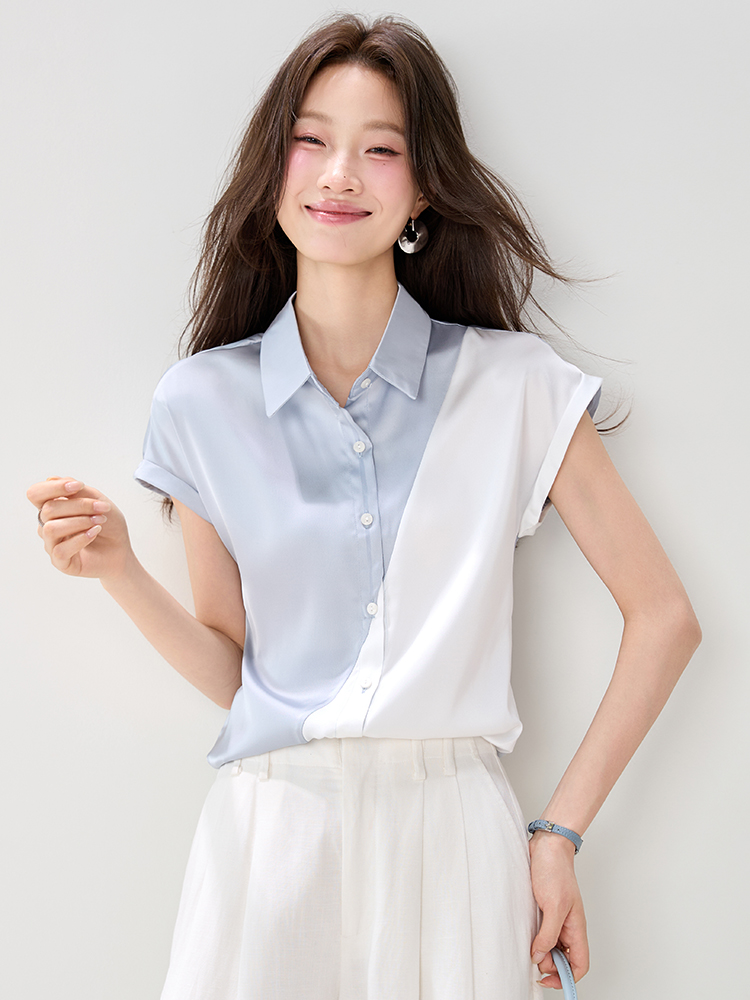 實拍2026年夏季高級感氣質拼接撞色緞面時尚通勤襯衫上衣女