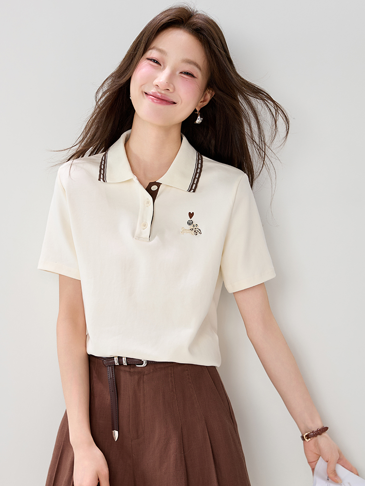 實拍2026年夏季Polo領短袖款時尚刺繡百搭通勤洋氣T桖上衣