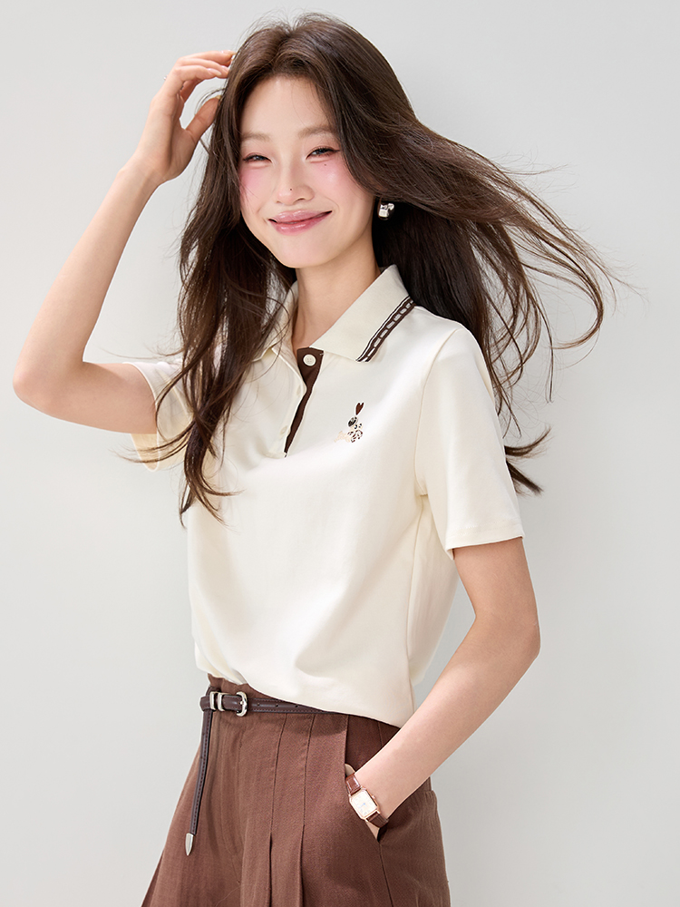 實拍2026年夏季Polo領短袖款時尚刺繡百搭通勤洋氣T桖上衣