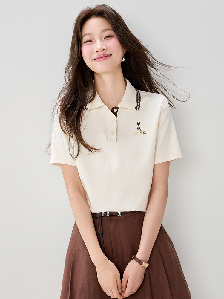 實拍2026年夏季Polo領短袖款時尚刺繡百搭通勤洋氣T桖上衣