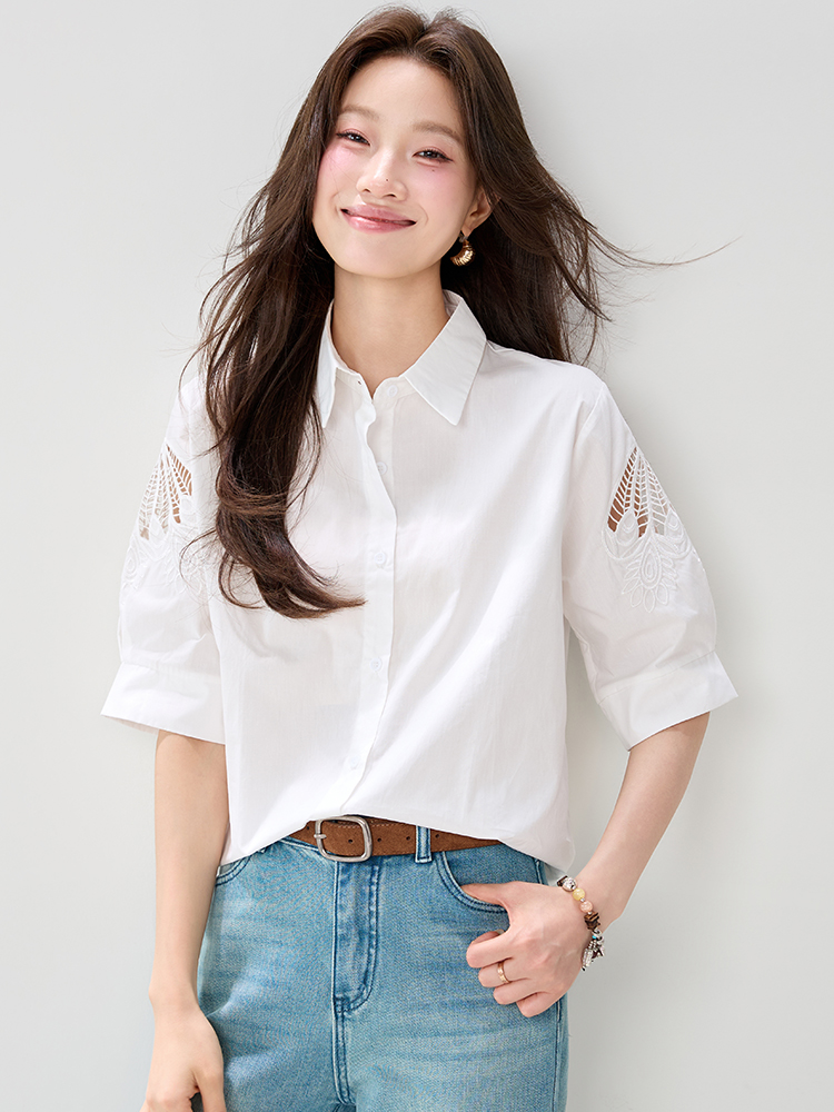 實拍歐貨新款高級感時尚刺繡鏤空短袖襯衫女2026夏款通勤百搭上衣