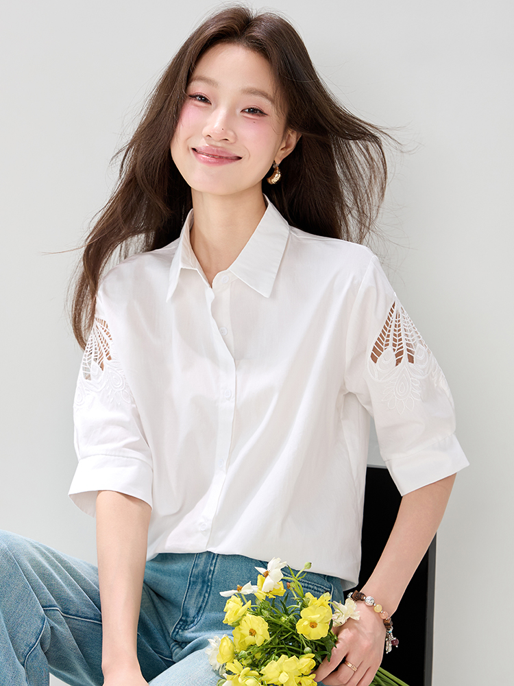 實拍歐貨新款高級感時尚刺繡鏤空短袖襯衫女2026夏款通勤百搭上衣