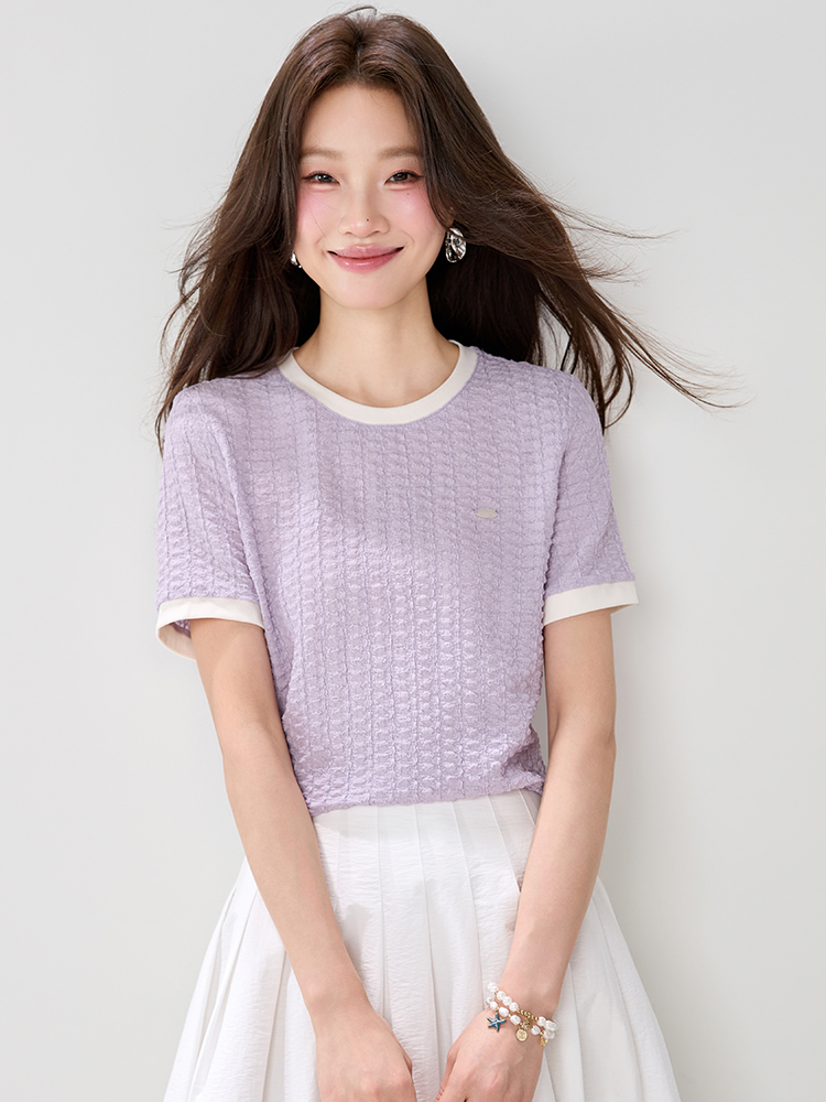 實拍正肩T桖女2026夏裝新款獨特漂亮紫色圓領款顯瘦氣質上衣