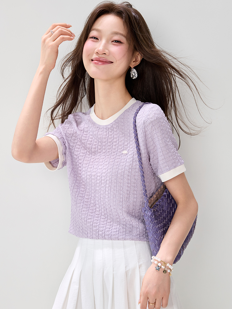 實拍正肩T桖女2026夏裝新款獨特漂亮紫色圓領款顯瘦氣質上衣