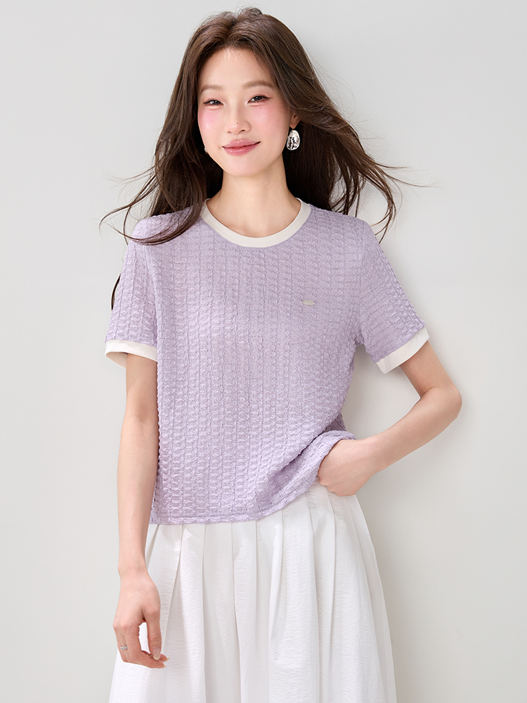 實拍正肩T桖女2026夏裝新款獨特漂亮紫色圓領款顯瘦氣質上衣