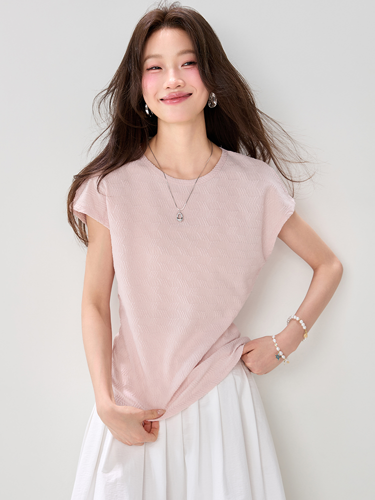 簡約風正肩短袖T桖女士2026新款夏季設計感套頭粉色圓領顯瘦上衣