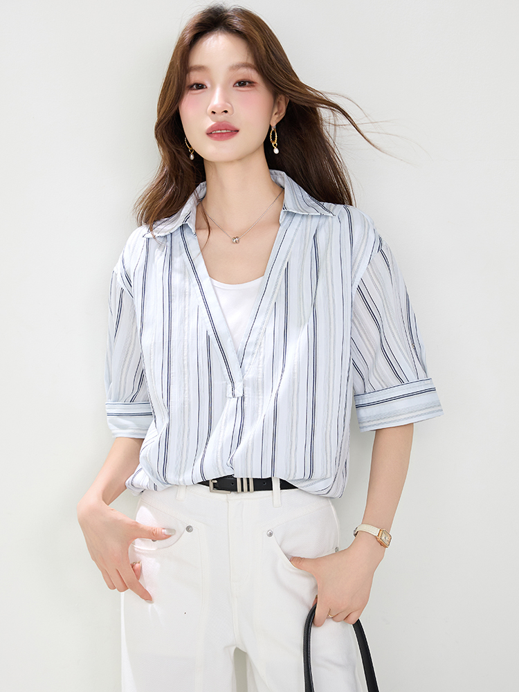 實拍假兩件拼接條紋短袖襯衫女2026夏裝新款松弛感慵懶翻領襯衫