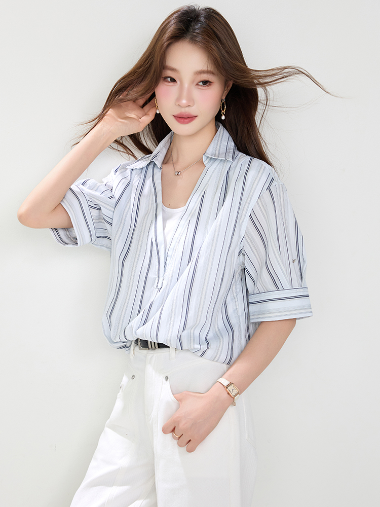實拍假兩件拼接條紋短袖襯衫女2026夏裝新款松弛感慵懶翻領襯衫