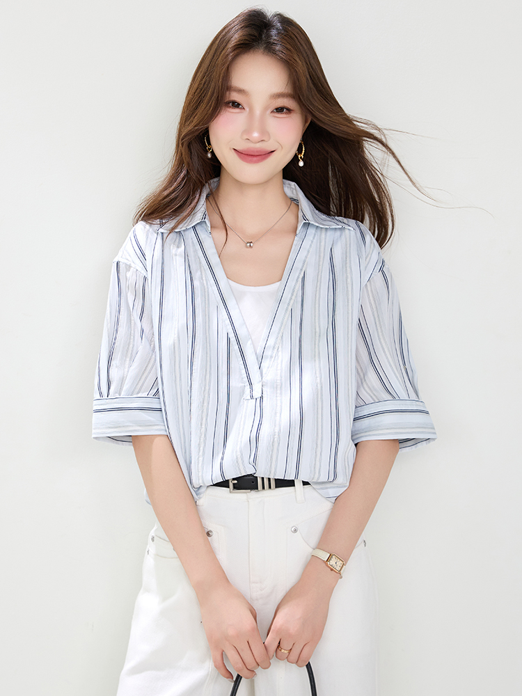 實拍假兩件拼接條紋短袖襯衫女2026夏裝新款松弛感慵懶翻領襯衫