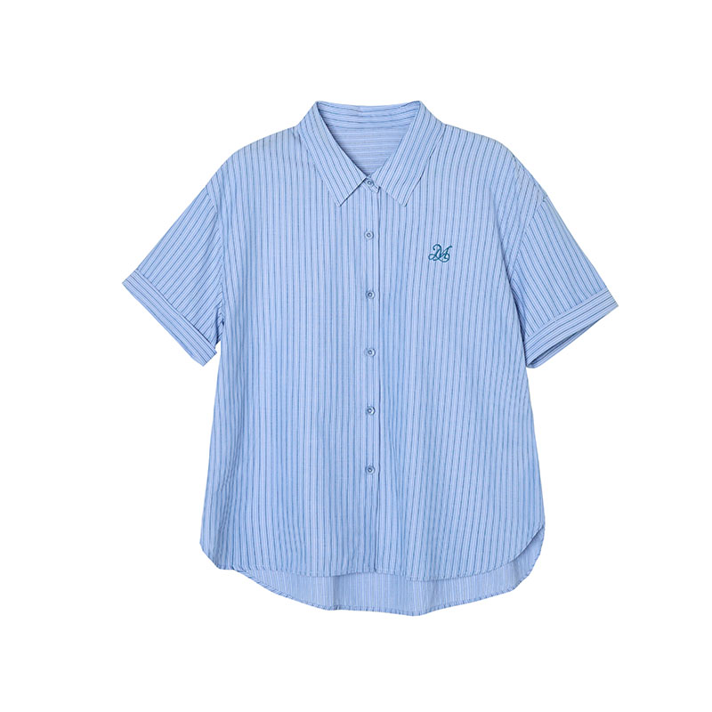 實2026夏季新款藍色條紋短袖襯刺繡寬松翻領休閑襯衣上衣女