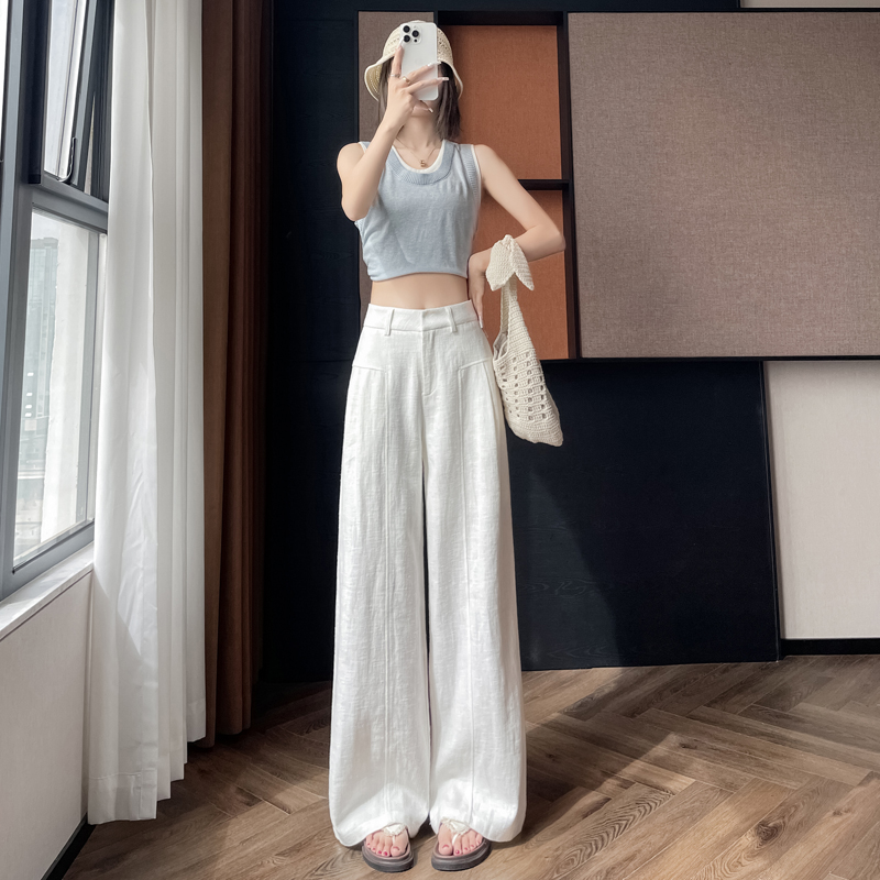 白色仿麻闊腿褲女夏薄款高腰垂感老錢風西裝直筒棉麻休閑褲闊腿褲