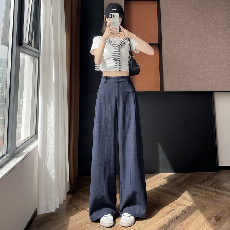 白色仿麻闊腿褲女夏薄款高腰垂感老錢風西裝直筒棉麻休閑褲闊腿褲