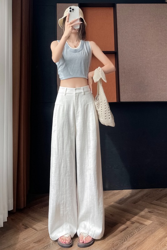 白色仿麻闊腿褲女夏薄款高腰垂感老錢風西裝直筒棉麻休閑褲闊腿褲