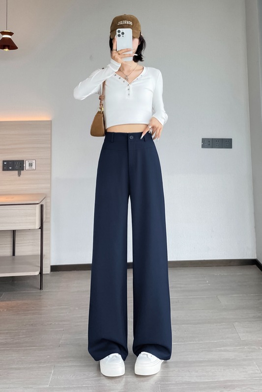 藏青色西裝闊腿褲女春2026新款雙腰高級感垂感羊毛窄版直筒拖地褲