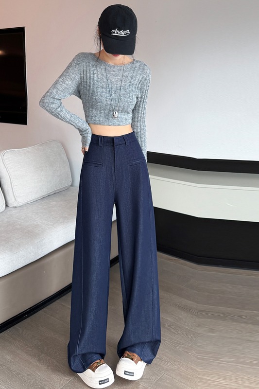 深藍色竹節軟牛仔褲女2025新款秋季高腰直筒垂感寬松闊腿拖地褲子