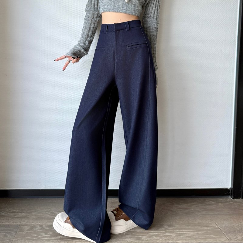 深藍色竹節軟牛仔褲女2025新款秋季高腰直筒垂感寬松闊腿拖地褲子