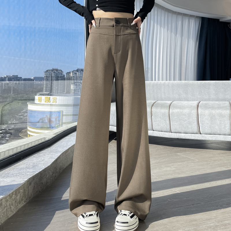 藏青色西裝闊腿褲女春2026新款雙腰高級感垂感羊毛窄版直筒拖地褲
