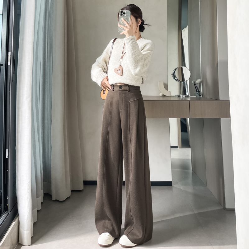 藏青色毛呢闊腿褲女秋冬季高腰垂感美拉德穿搭小個子直筒拖地褲