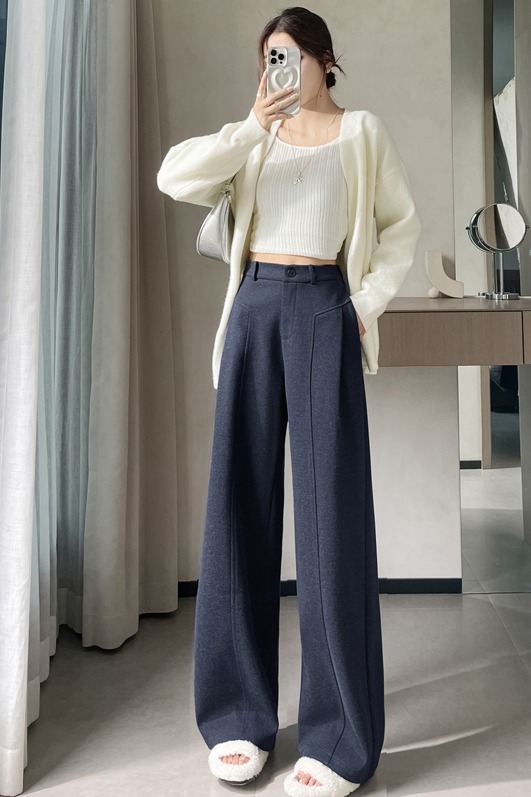 藏青色毛呢闊腿褲女秋冬季高腰垂感美拉德穿搭小個子直筒拖地褲