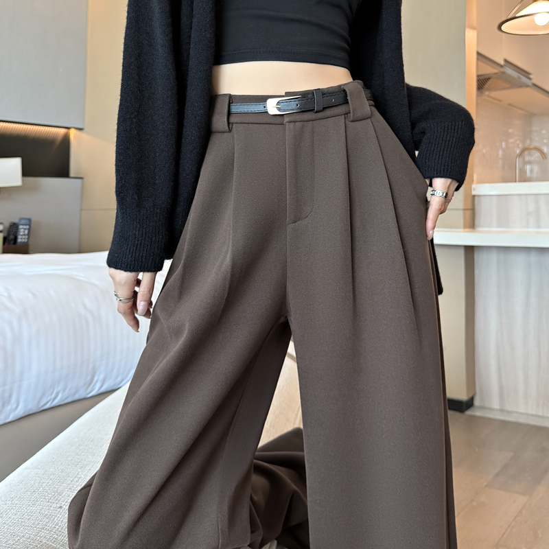 藏青色毛呢闊腿褲女秋冬季高腰垂感美拉德穿搭小個子直筒拖地褲