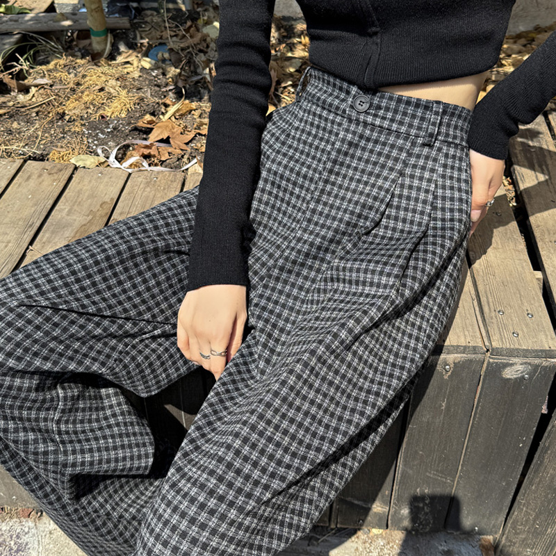 格子毛呢褲女冬裝高級感老錢風法式小眾拖地褲闊腿褲直筒休閑褲子