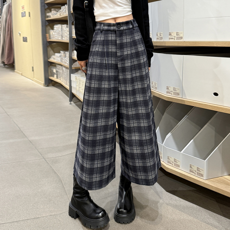美式復古藏藍色格子羊絨毛呢八分褲女新款寬松百搭闊腿高腰休閑褲
