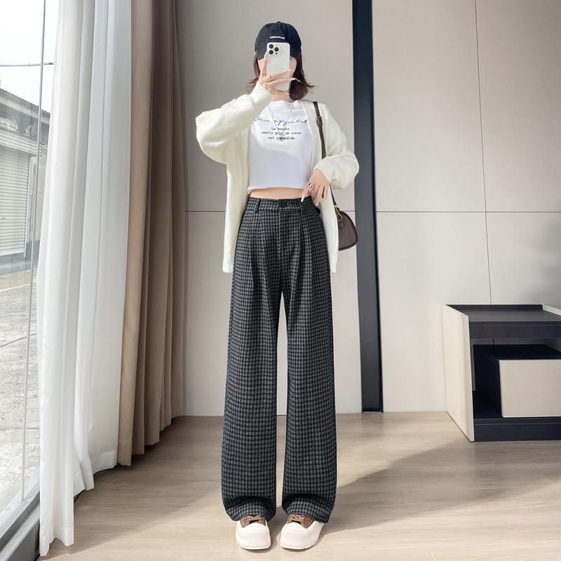 格子毛呢褲女冬裝高級感老錢風法式小眾拖地褲闊腿褲直筒休閑褲子