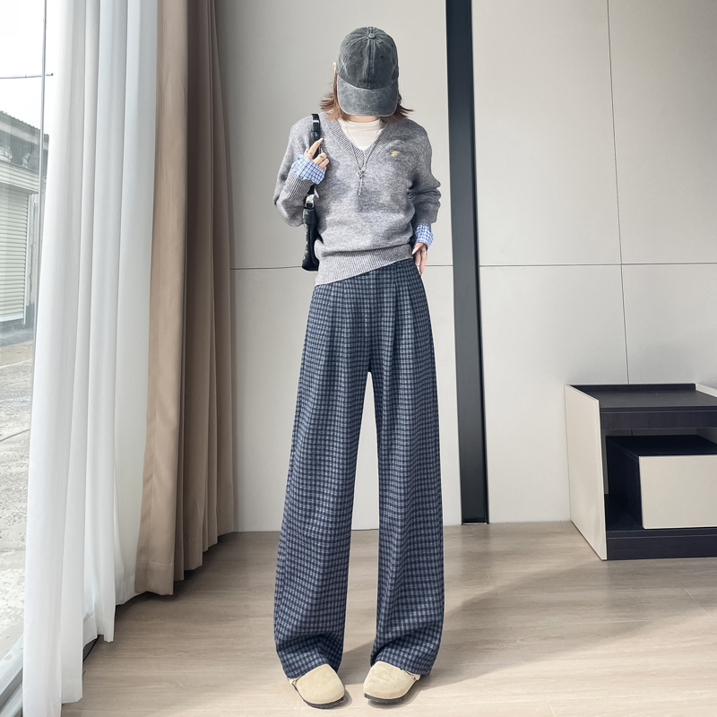 格子毛呢褲女冬裝高級感老錢風法式小眾拖地褲闊腿褲直筒休閑褲子