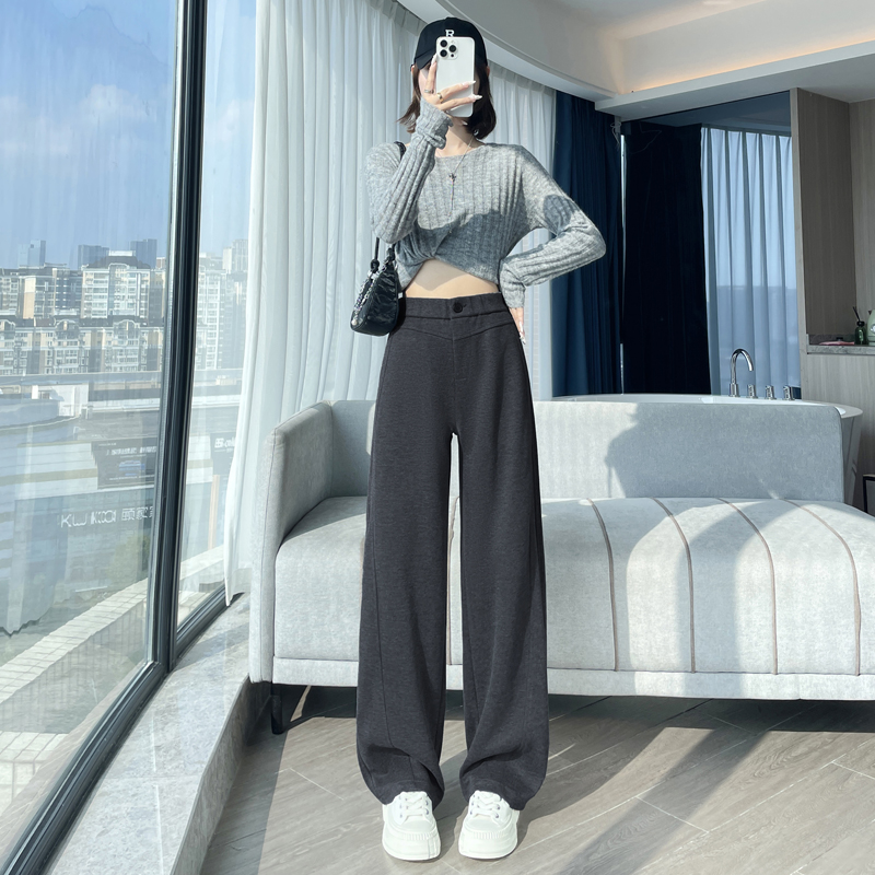黑灰色窄版闊腿褲女秋冬加絨高腰垂感顯瘦羊毛呢西裝褲休閑直筒褲