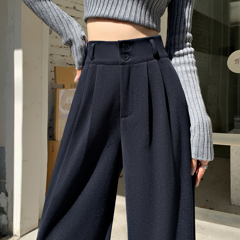 加厚毛呢闊腿褲女秋冬季高腰垂感美拉德穿搭小個子直筒拖地褲