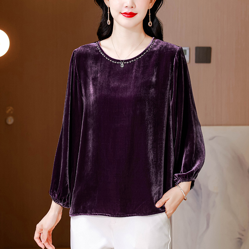 MY13872# 女裝貨源宽松大码显瘦灯笼袖领口钉钻真丝丝绒上衣女圆领女裝...