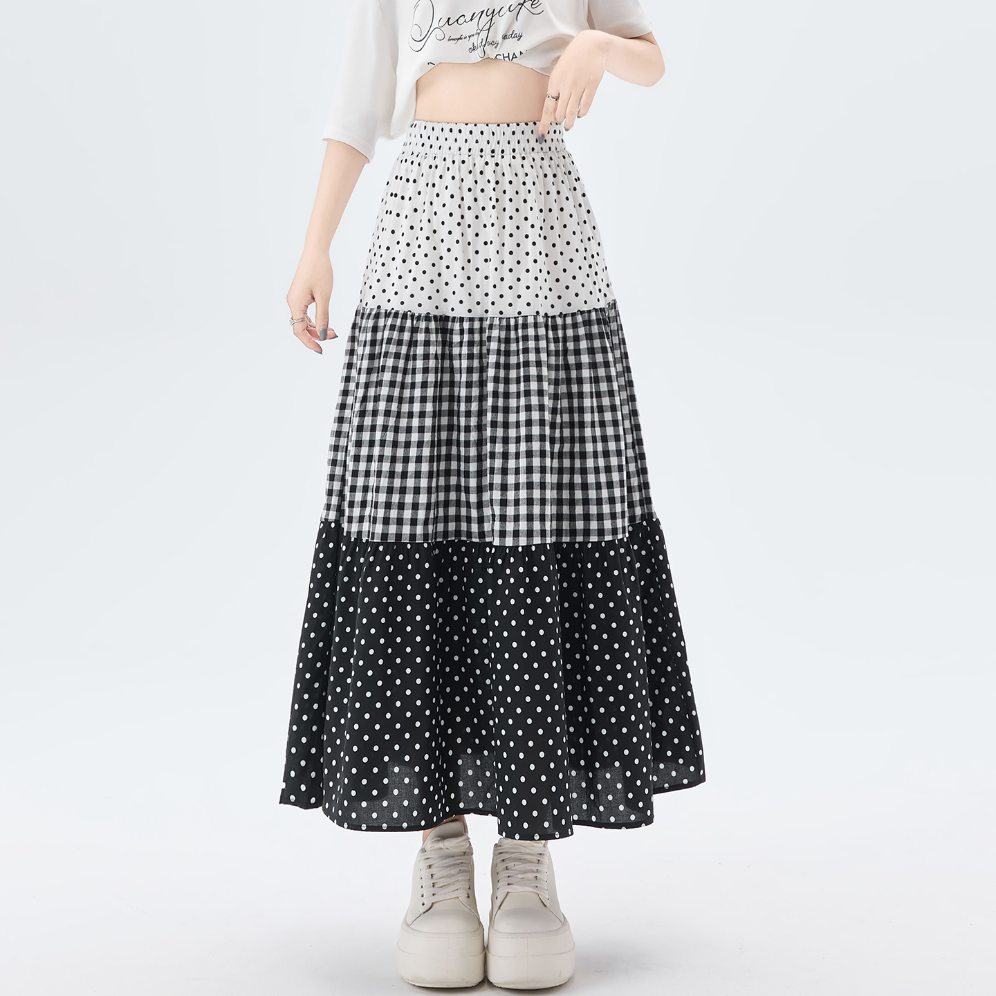 實拍 格紋拼接波點蛋糕裙女2026春夏季新款高腰A字裙遮胯百搭傘裙