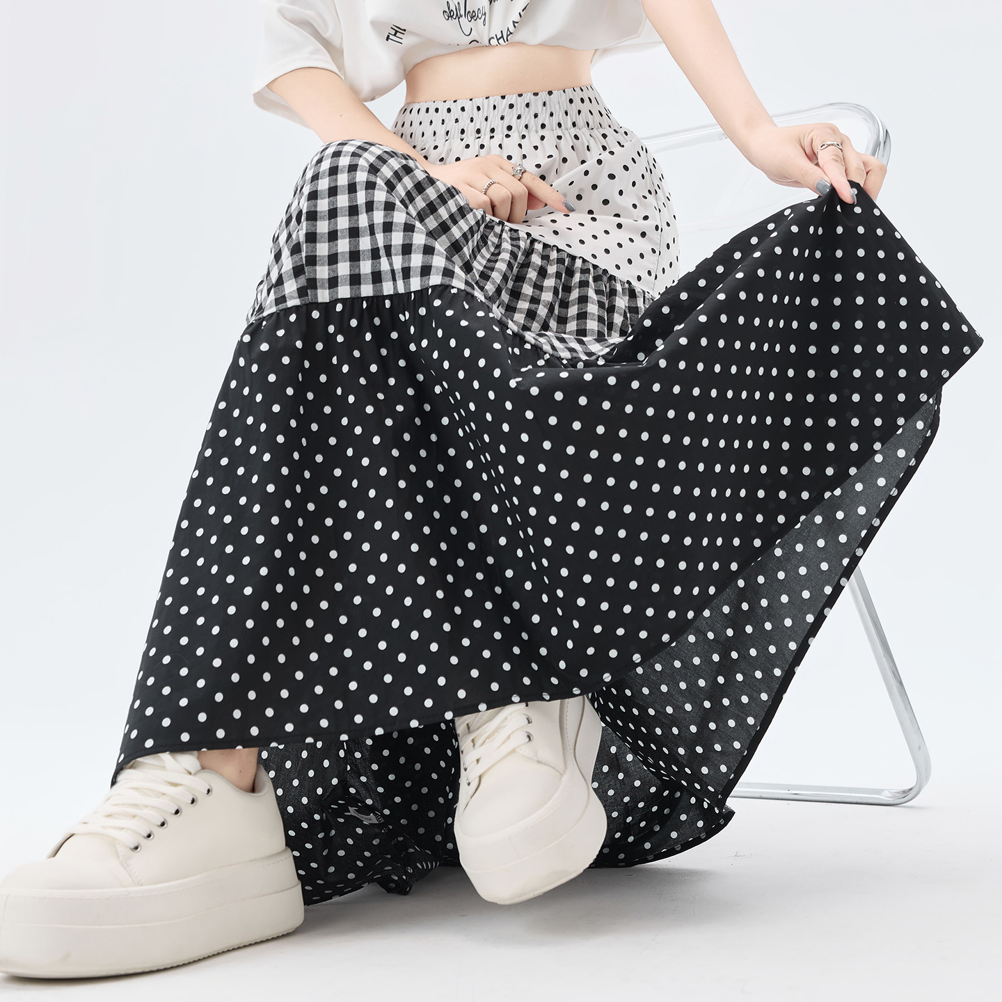 實拍 格紋拼接波點蛋糕裙女2026春夏季新款高腰A字裙遮胯百搭傘裙