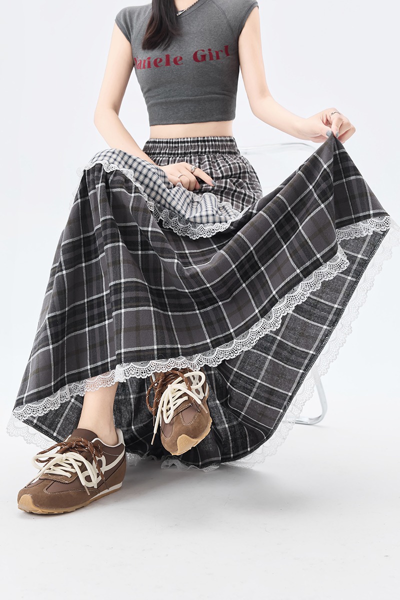 實拍 復古格子拼接蕾絲花邊半身裙女2026夏季松緊腰A字蛋糕中長裙