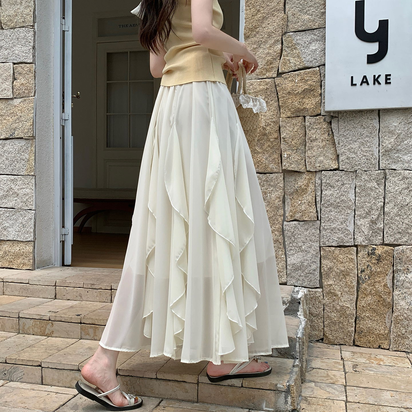 不規則雪紡半身裙女2026夏季高腰垂感顯瘦a字休閑荷葉邊中長裙