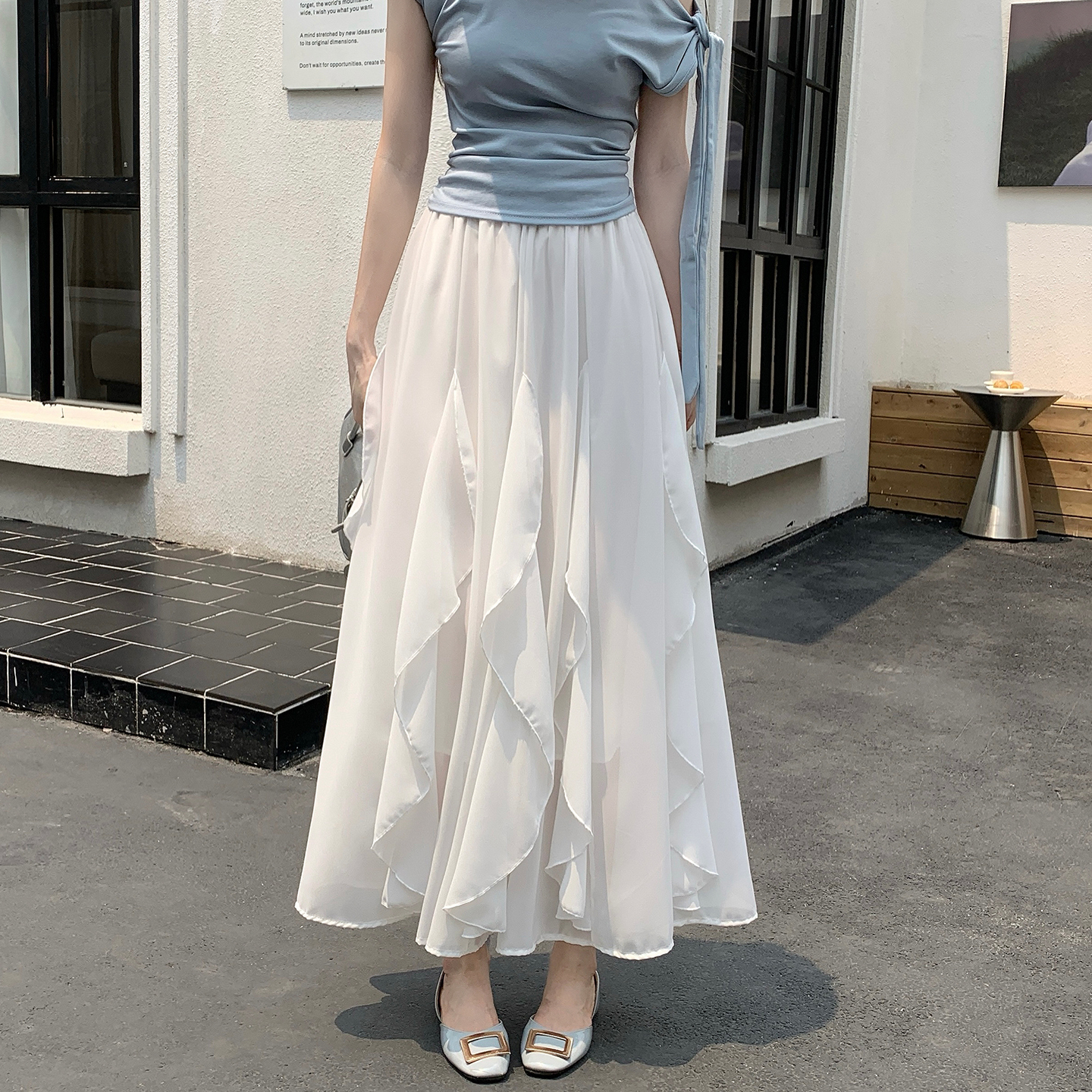 不規則雪紡半身裙女2026夏季高腰垂感顯瘦a字休閑荷葉邊中長裙