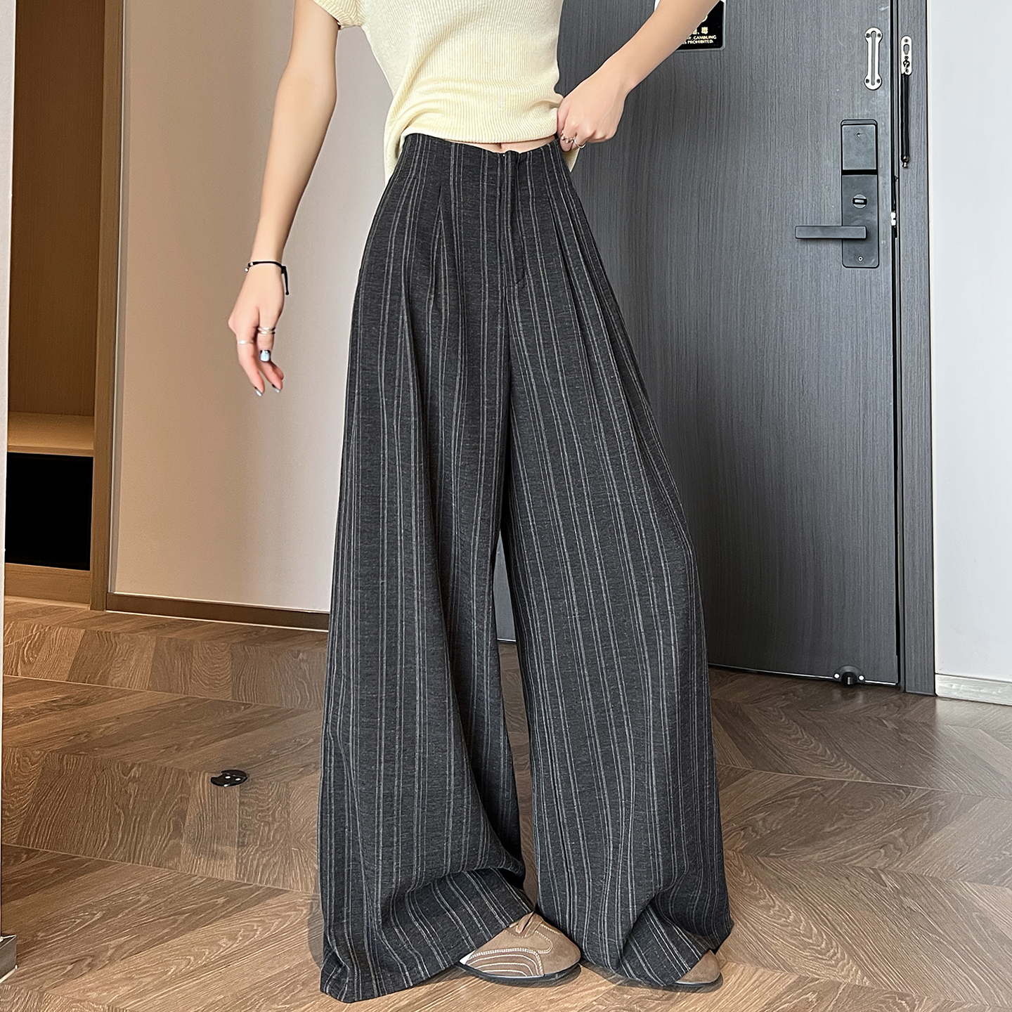 實拍 冰絲棉麻條紋西裝闊腿褲女夏季高腰垂感寬松直筒休閑拖地褲