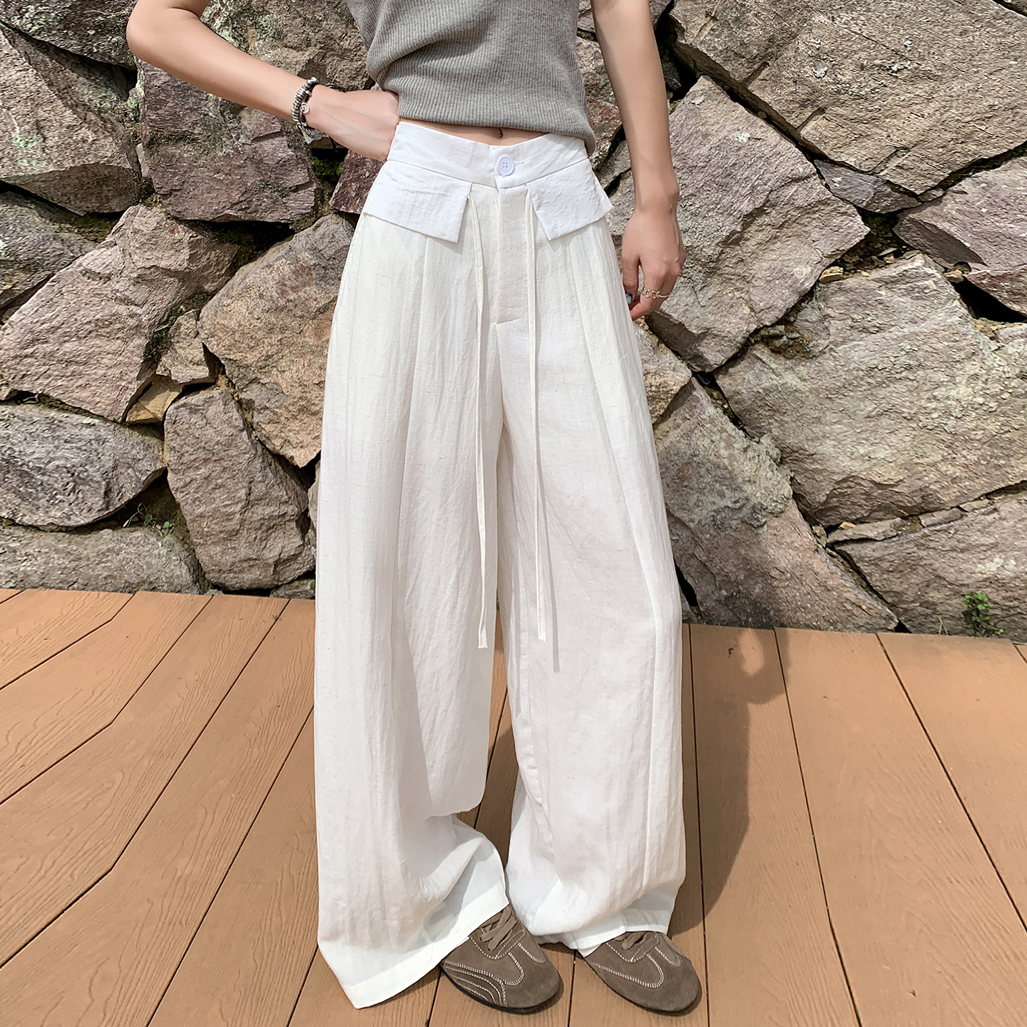 實拍 冰絲棉麻彎刀褲女2026夏季高腰直筒休閑垂感亞麻西裝闊腿褲