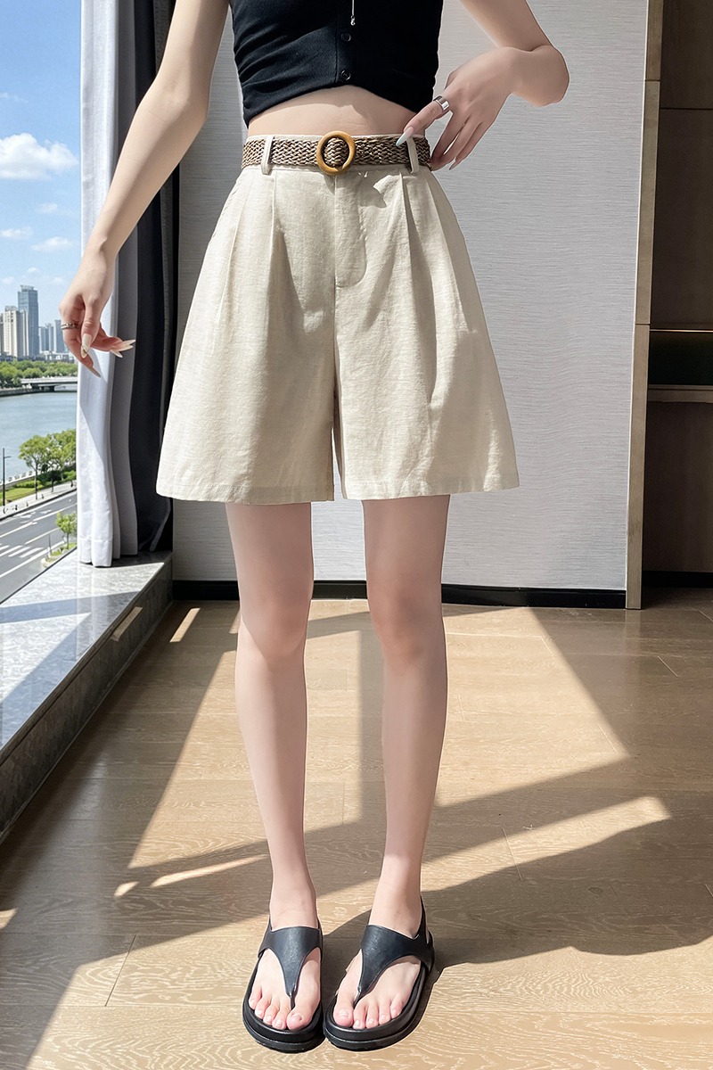 實拍冰絲亞麻短褲女夏季外穿休閑闊腿褲小個子高腰顯瘦棉麻五分褲