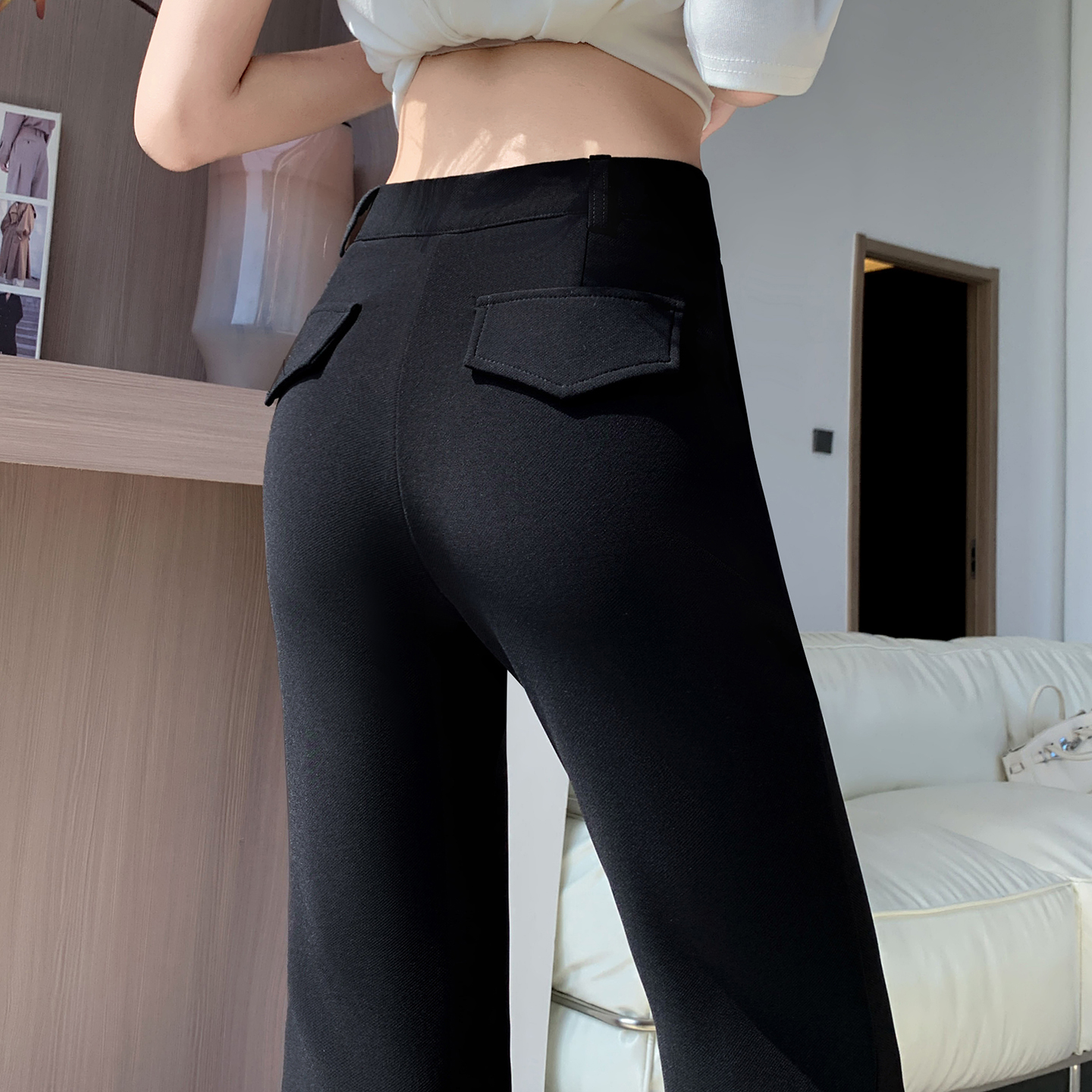 實拍 黑色西裝微喇褲女夏季高腰顯瘦垂感彈力休閑喇叭褲九分褲